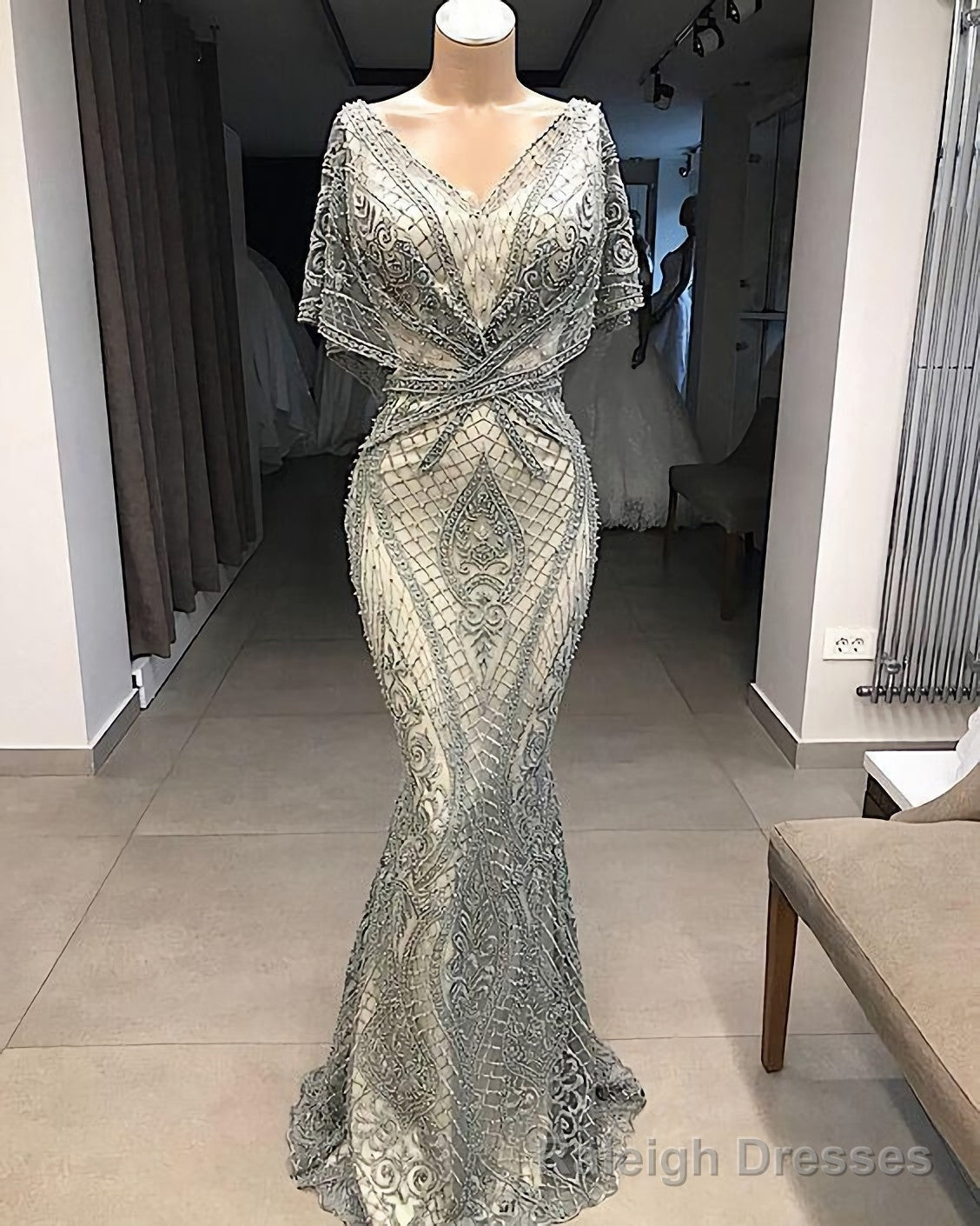 Modest Prom Dresses, Long Gray Lace Applique Beaded Elegant Mermaid Prom Dresses Main image