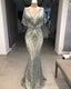 Modest Prom Dresses, Long Gray Lace Applique Beaded Elegant Mermaid Prom Dresses