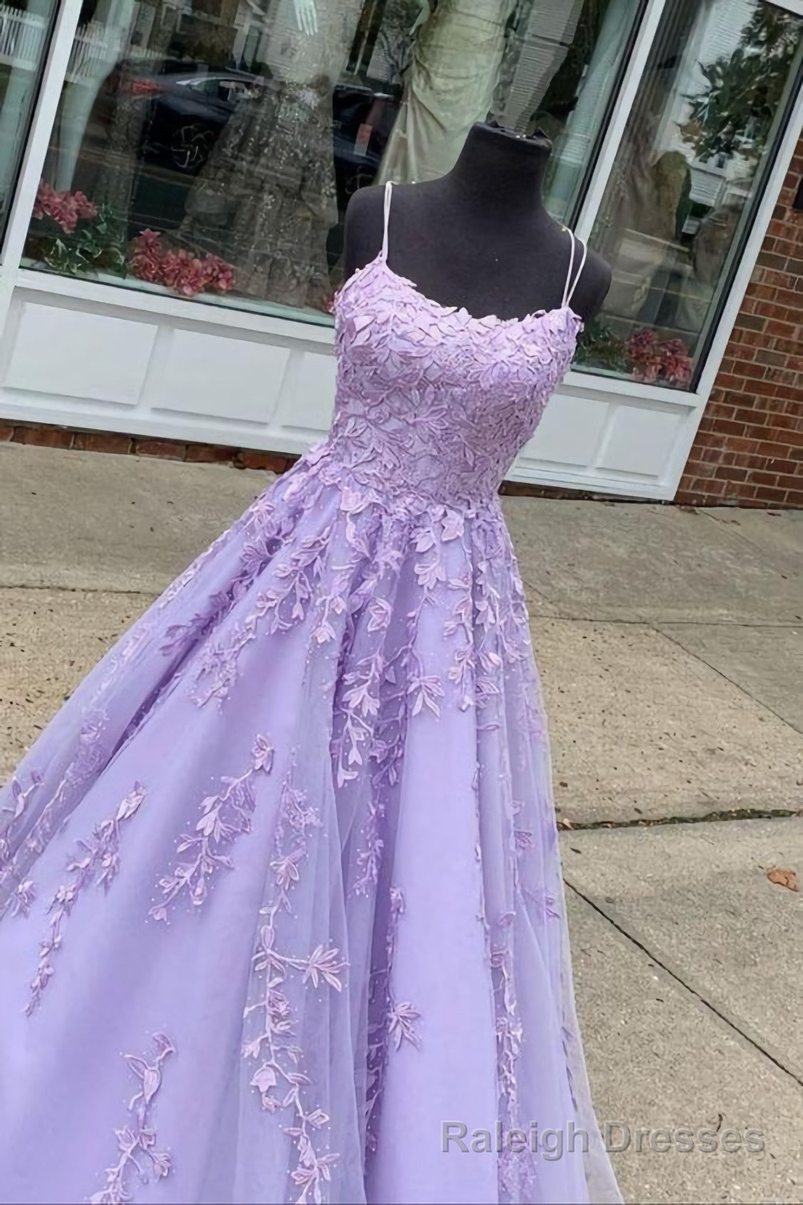 A Line Lavender Lace Appliqued Long Prom Dress, Formal Gowns