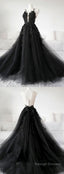 Unique Black Tulle V Neck Sheer Back Lace Applique Prom Dress, Formal Dress, Long Prom Dress