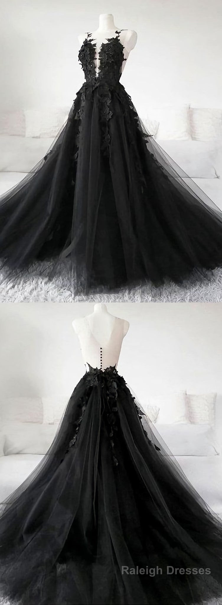 Unique Black Tulle V Neck Sheer Back Lace Applique Evening Dress, Formal Dress, Long Prom Dress Main image