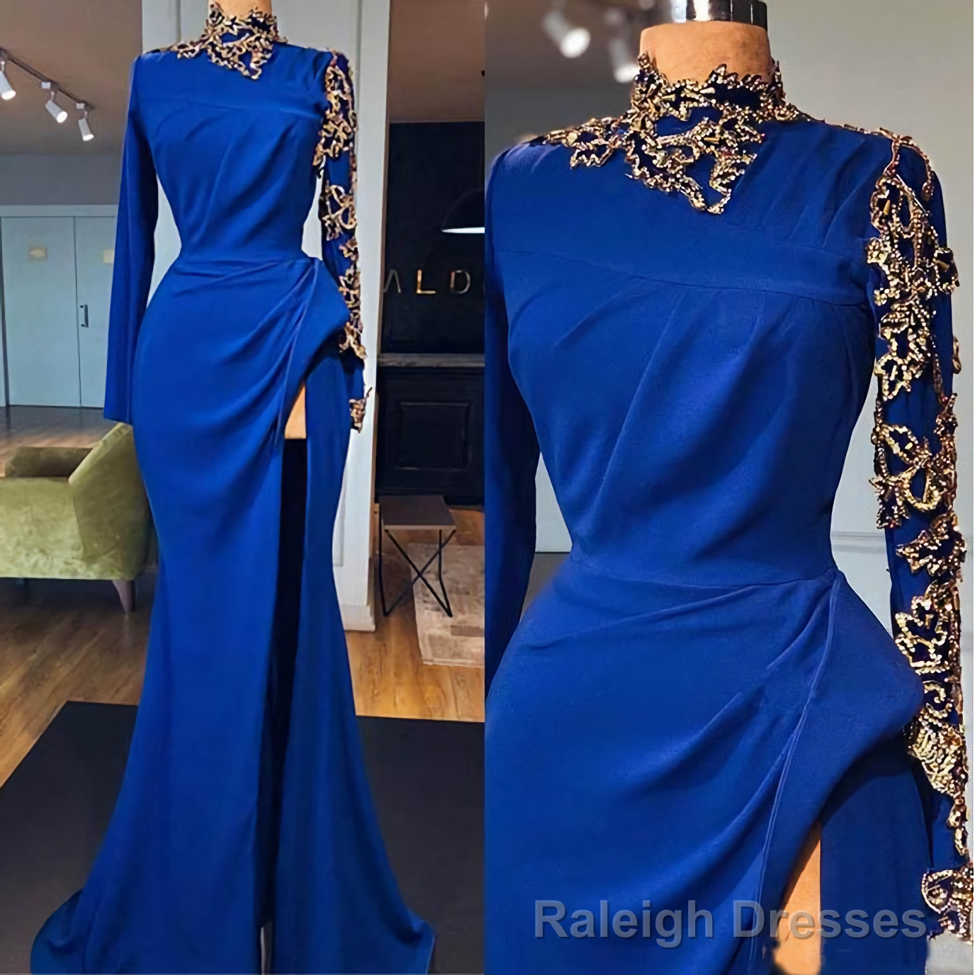 Royal Blue Mermaid Prom Dresses, High Neck Long Sleeves Side Split Gold Appliques Evening Gowns Main image