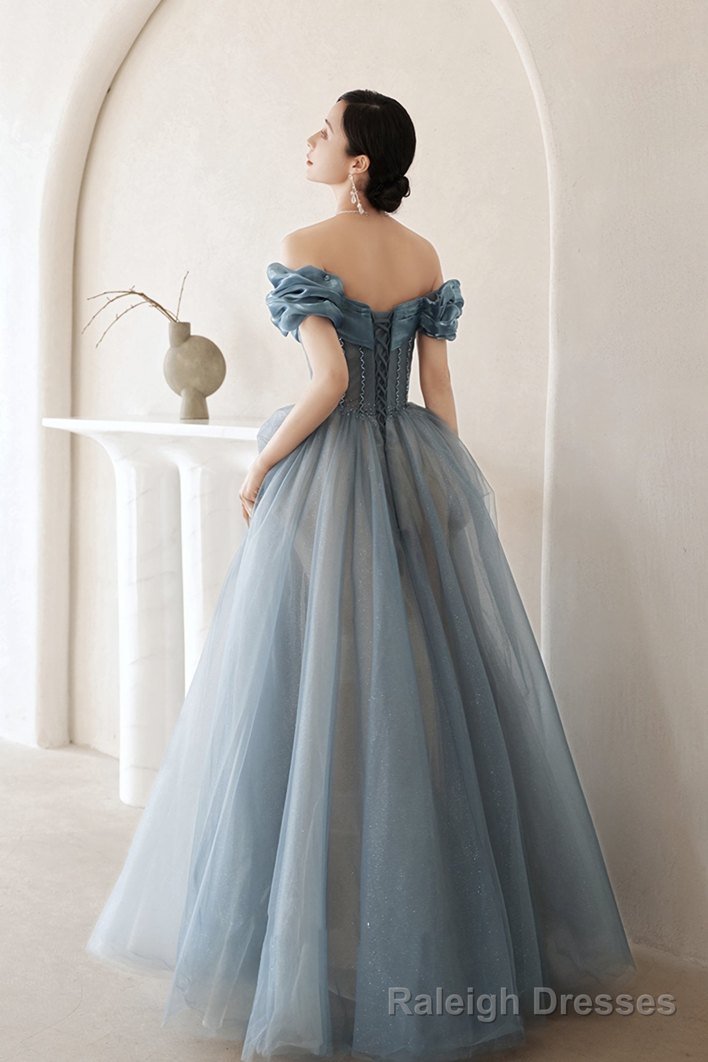 Blue Tulle Long A Line Prom Dress, Off Shoulder Evening Dress Main image