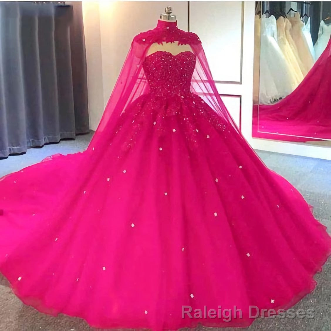 Hot Pink Detachable Cape Quinceanera Sweet 16 Ball Gown Prom Dress Main image