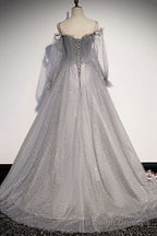 Gray Tulle Sequins Long A Line Prom Dress, Evening Dress