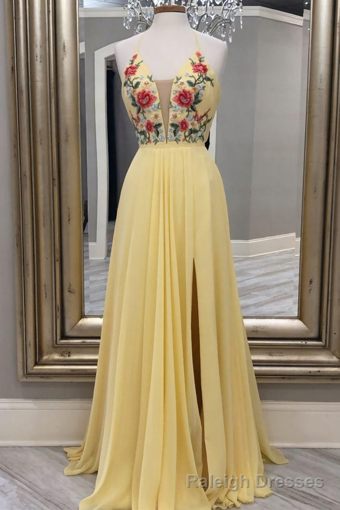 A Line Yellow Floral Embroidery Long Prom Dress, With Side Slit Main image