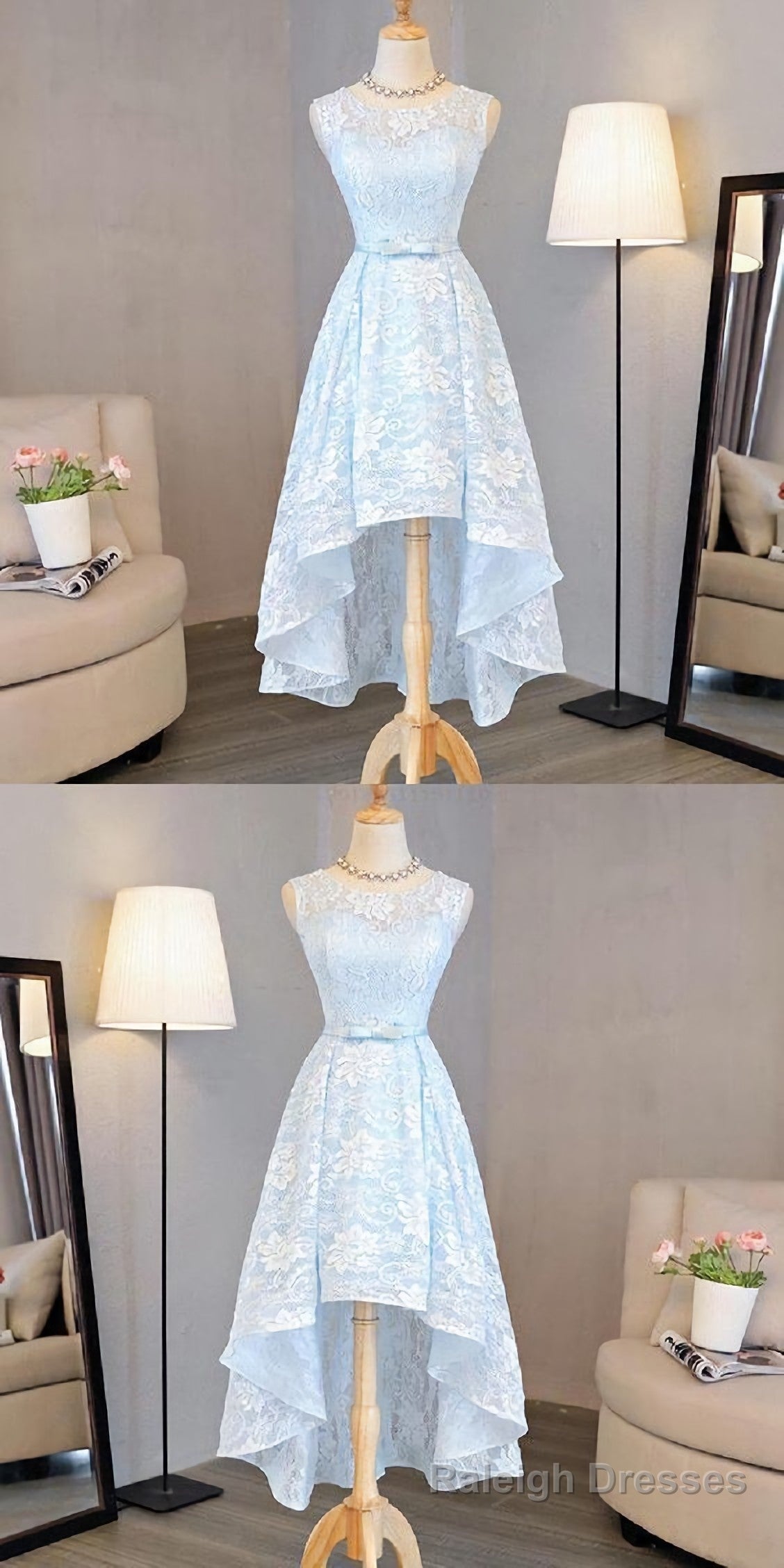 Nice Pink High Low Lace Dress, Pink High Low Dress, Lace Dress, Homecoming Dress Main image