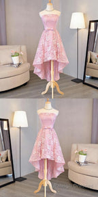 Nice Pink High Low Lace Dress, Pink High Low Dress, Lace Dress, Homecoming Dress