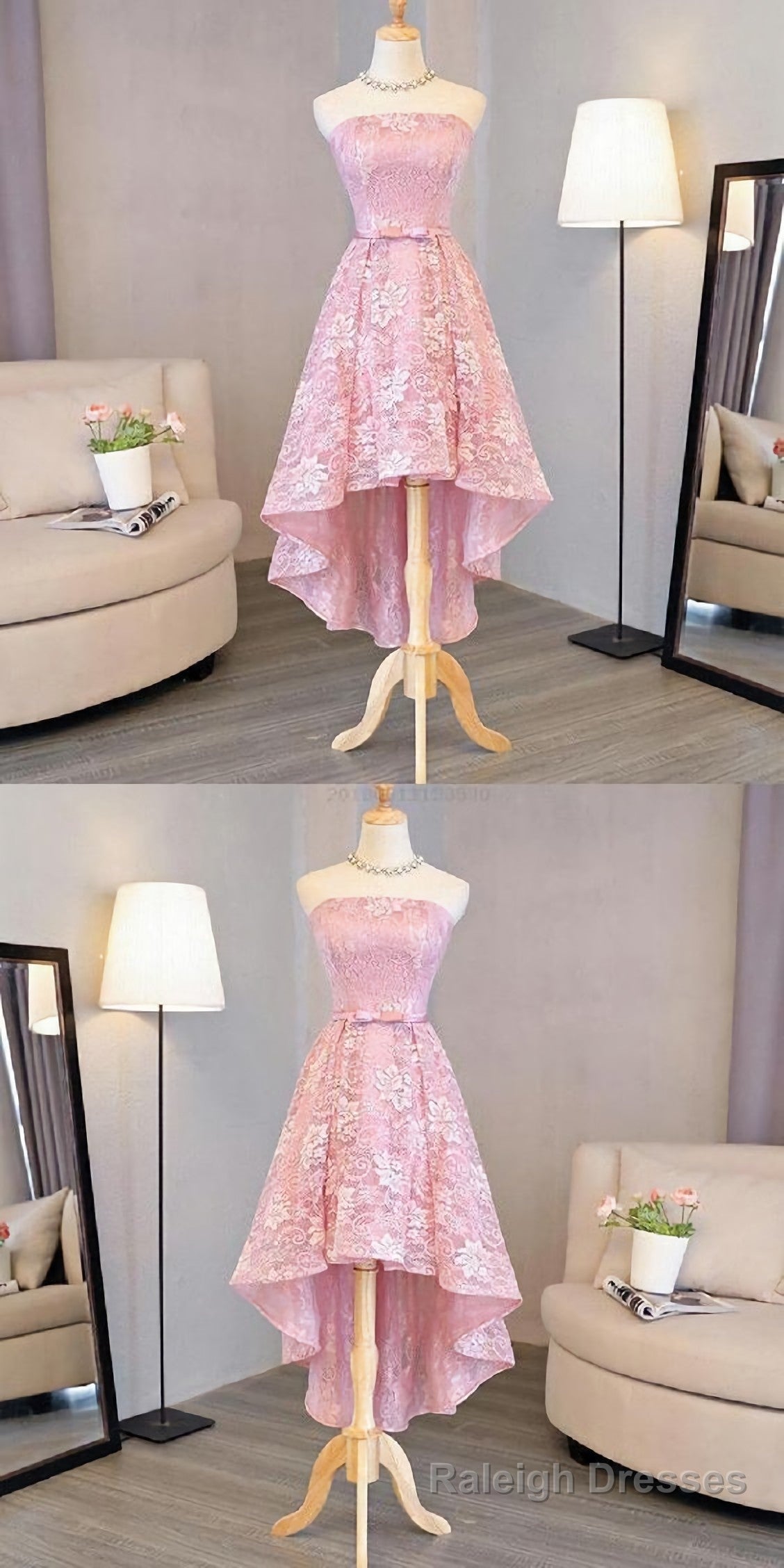 Nice Pink High Low Lace Dress, Pink High Low Dress, Lace Dress, Homecoming Dress