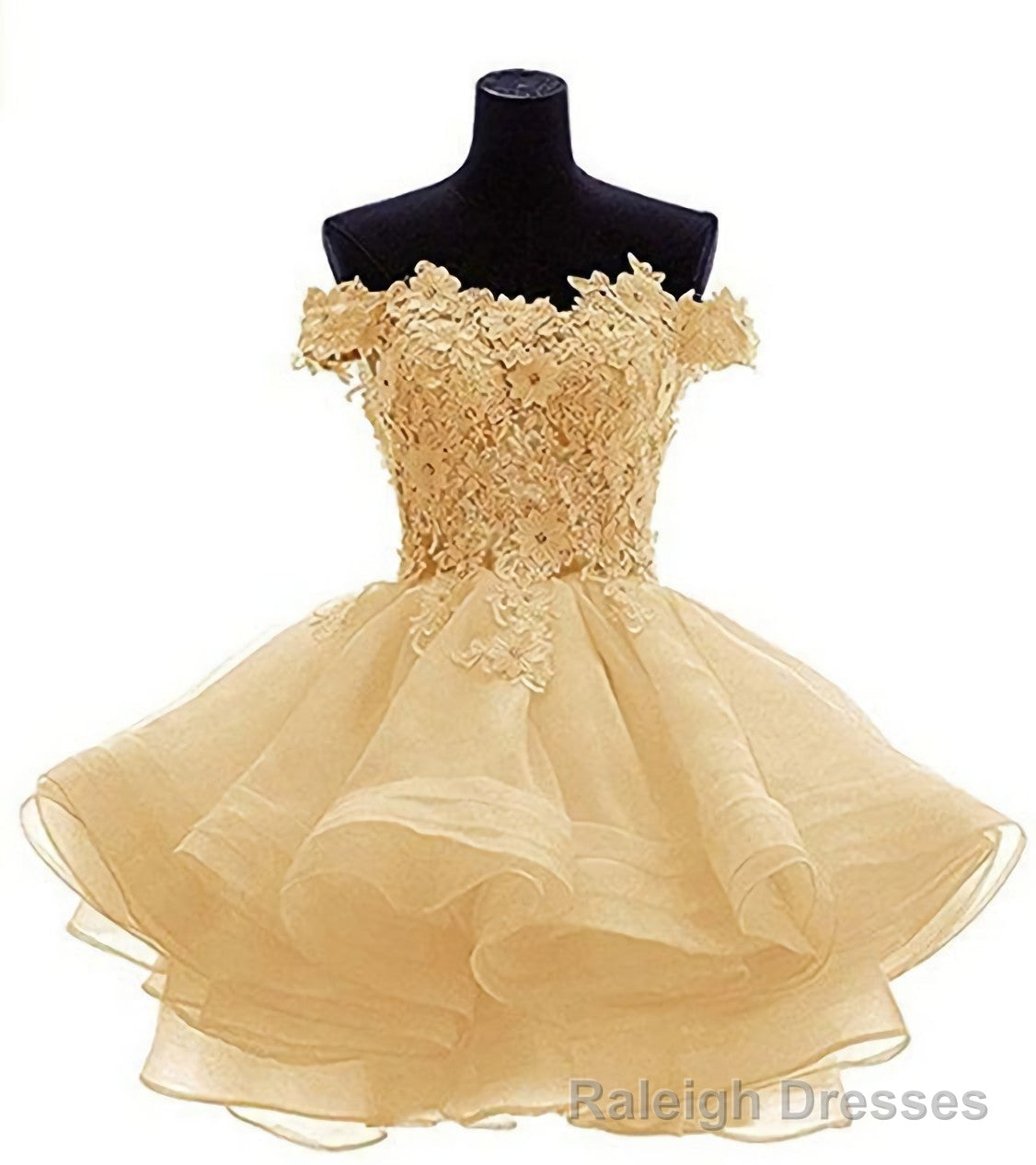 Elegant Yellow Appliques Tulle Dress, Ruffles Off Shoulder Short Homecoming Dress Main image