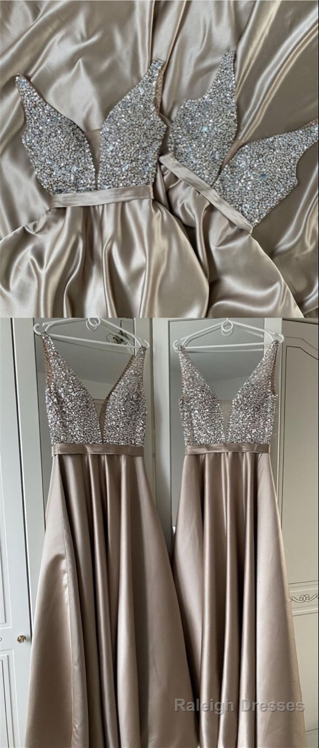 Long Champagne Satin Bridesmaid Dresses, Plunge Neck Beaded Top Prom Prom Gowns