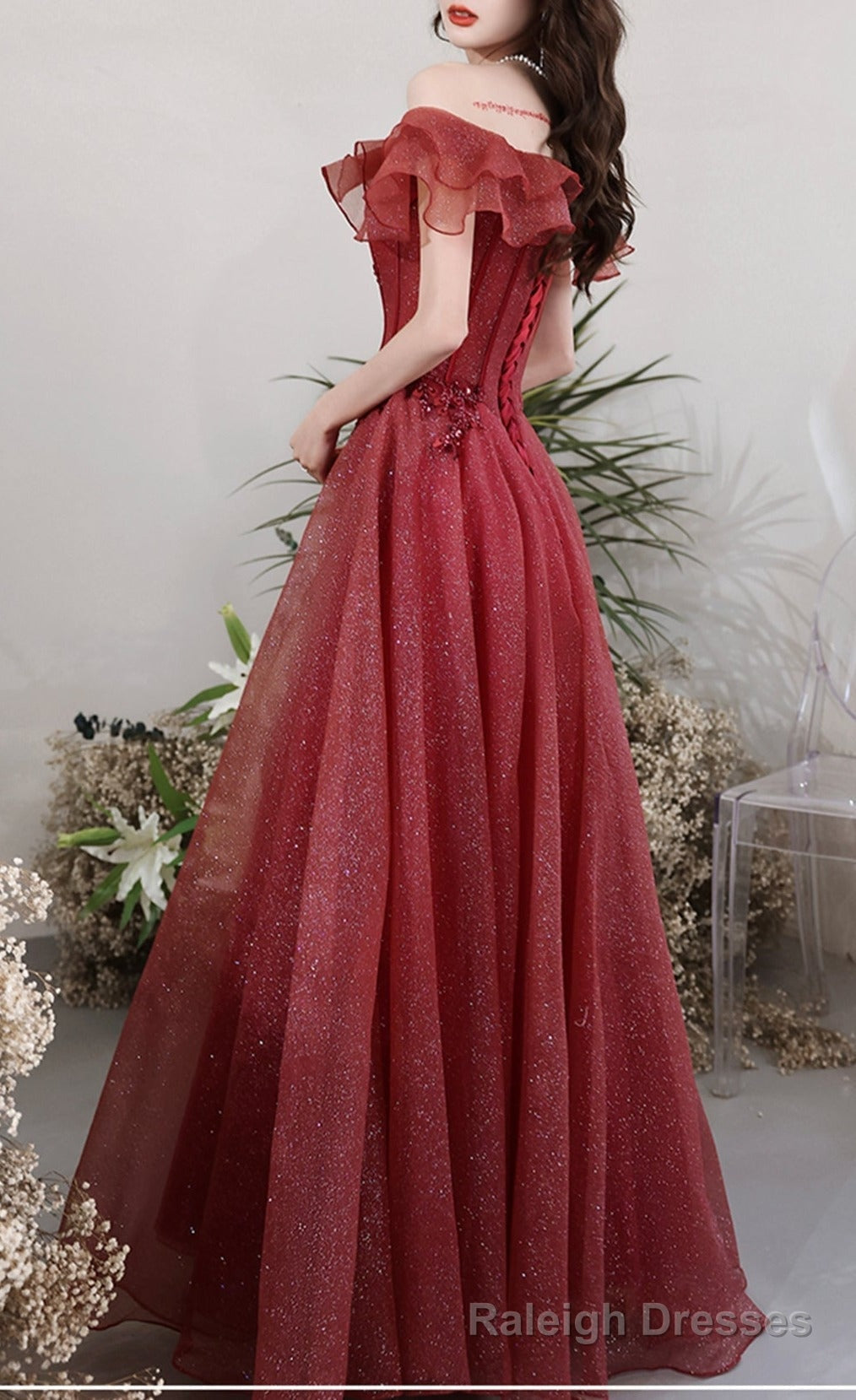 Burgundy Tulle Long A Line Prom Dress Evening Dress Main image