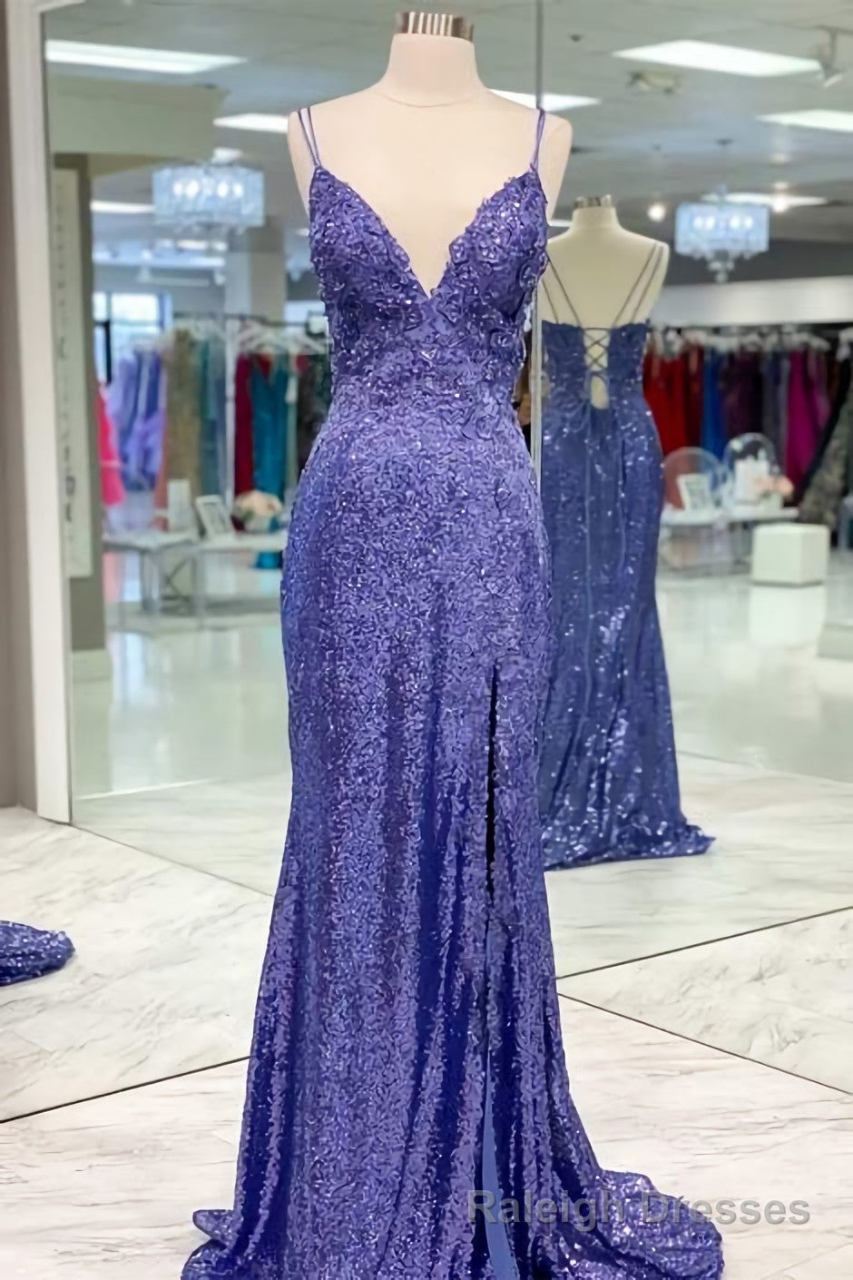 Tight Purple Sequined Long Prom Dress, With Slit Main image