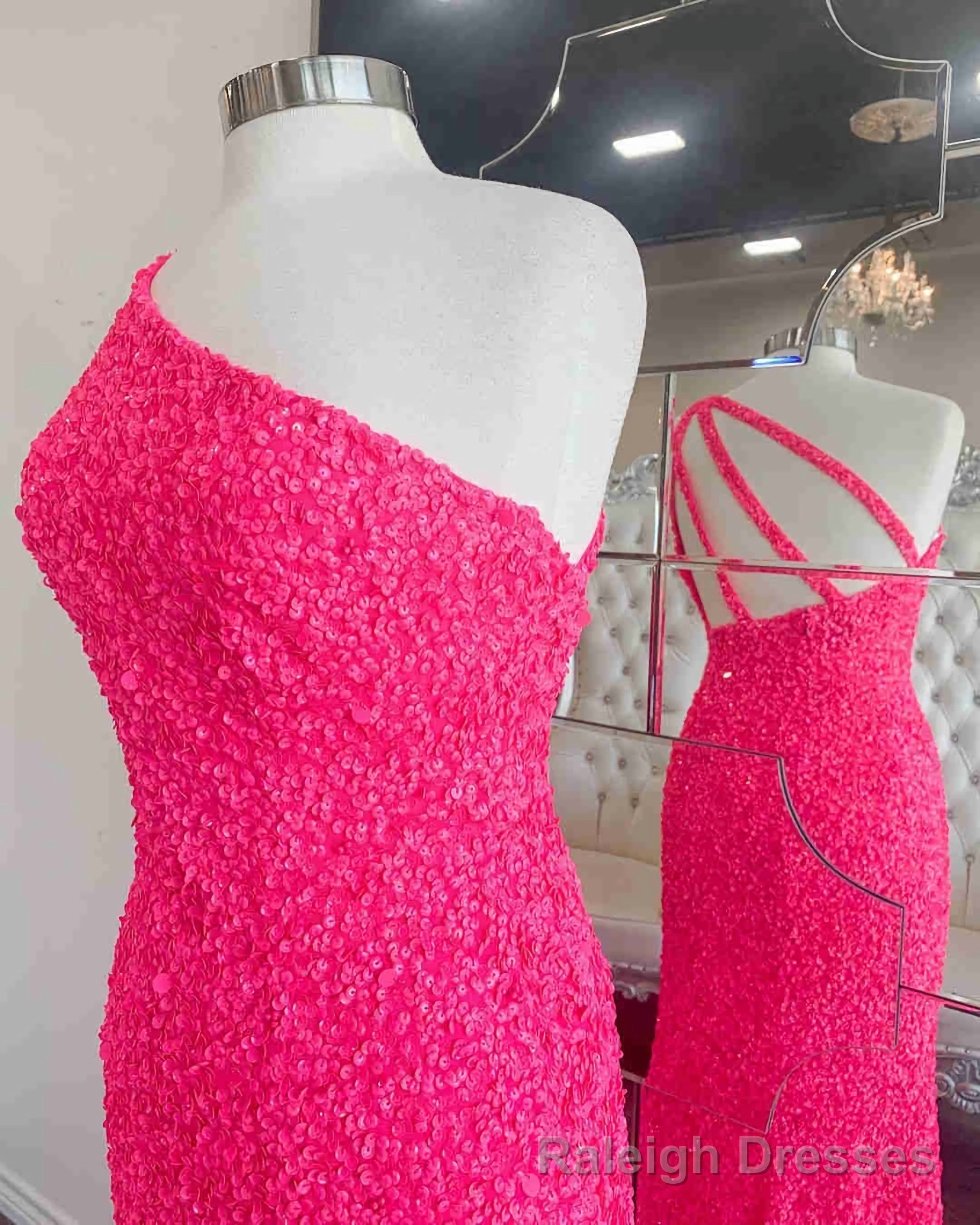 2025 One Shoulder Hot Pink Sequined Prom Dress Secondary image