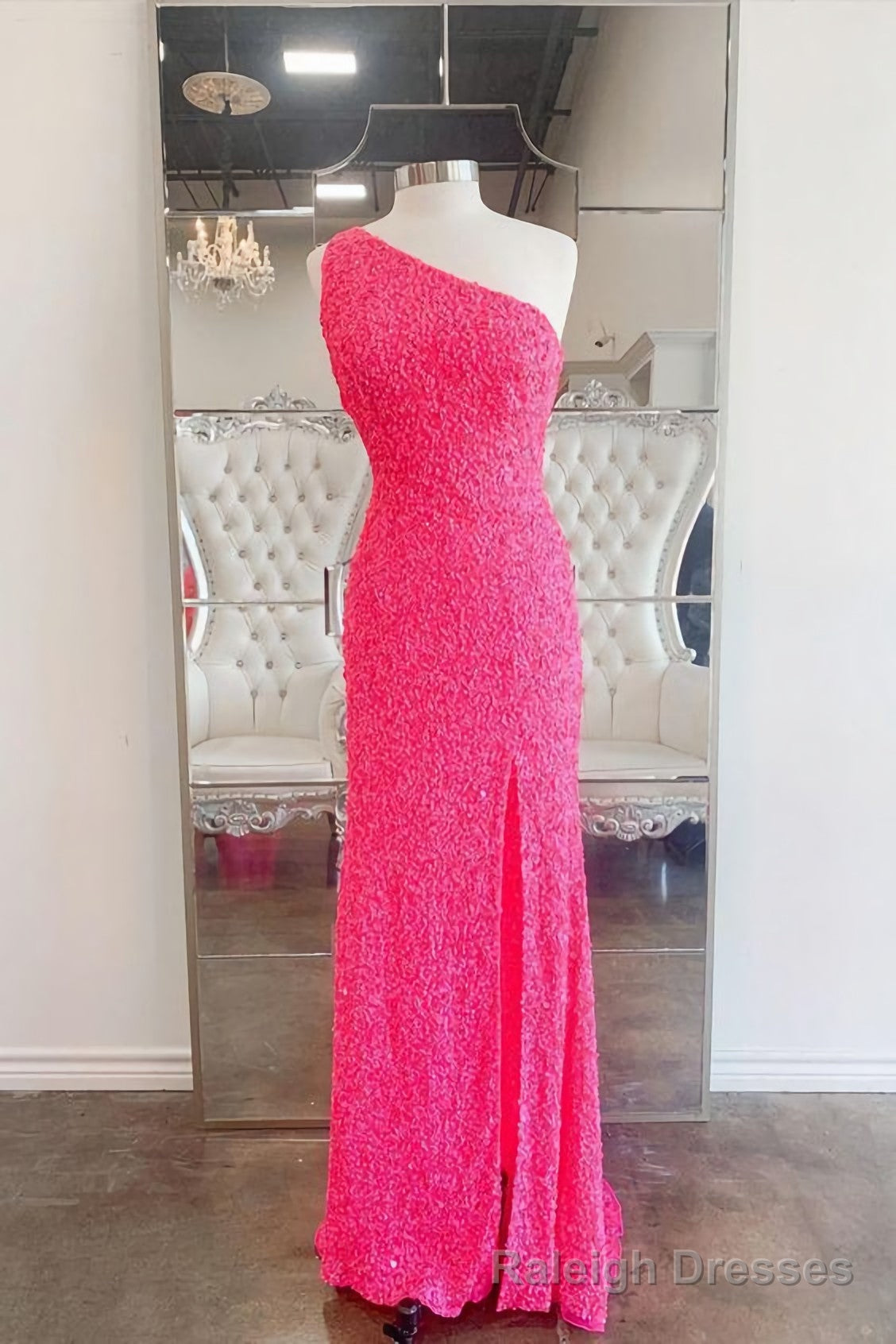 2025 One Shoulder Hot Pink Sequined Prom Dress Main image
