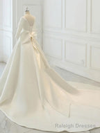 White Satin Backless 3/4 Sleeve Wedding Dress, Party Prom Dresses