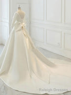White Satin Backless 3/4 Sleeve Wedding Dress, Prom Prom Dresses
