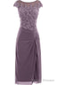 Knee Length Mauve Tight Chiffon Mother Of The Bride Prom Dress, With Cap Sleeves