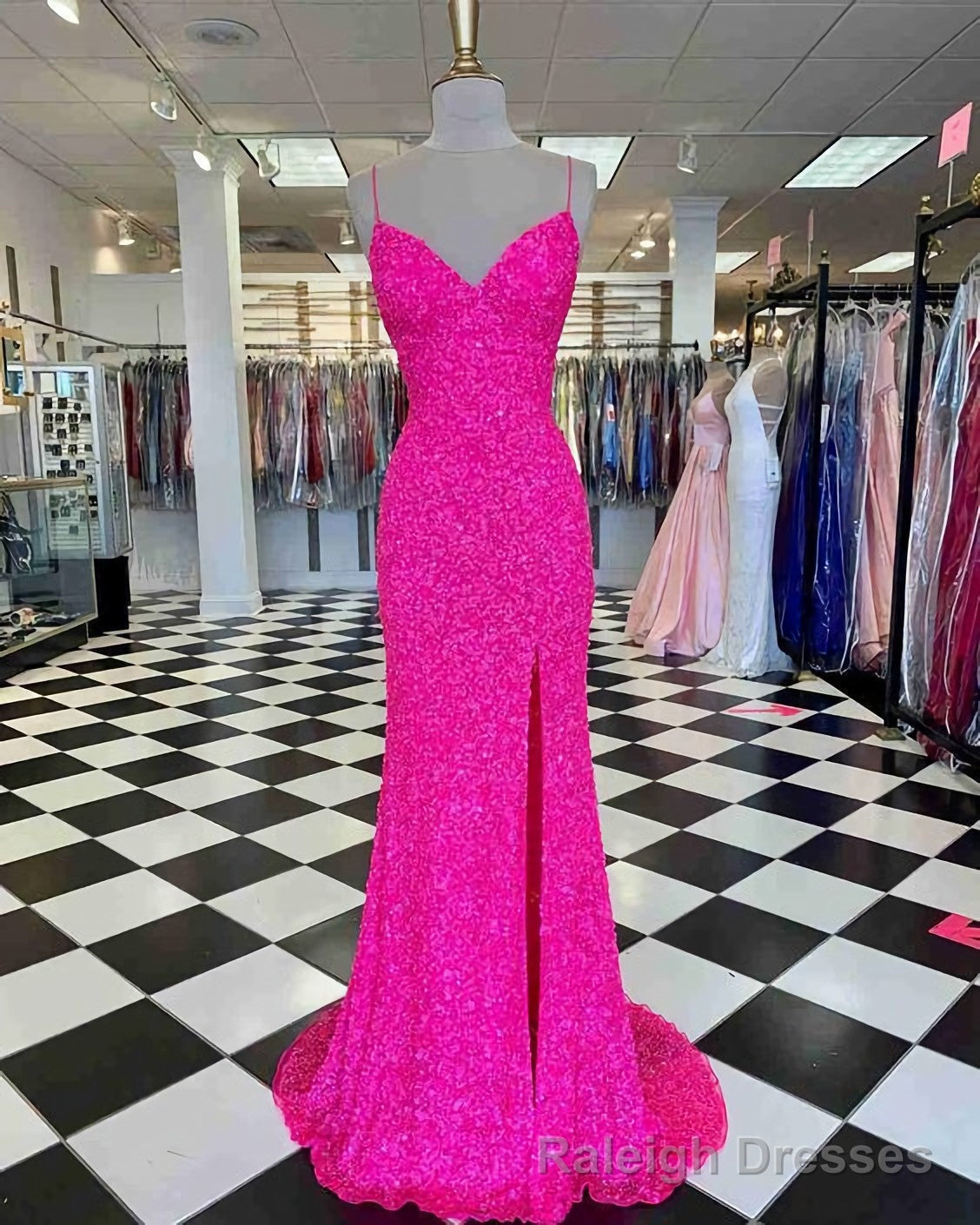 Hot Pink Straps Prom Dress, With Slit Main image