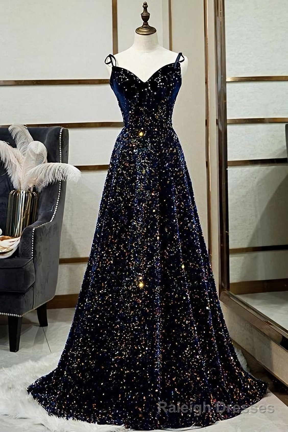 Sparkly A Line Spaghetti Straps Lace Up Back Long Prom Dresses, Prom Prom Dresses