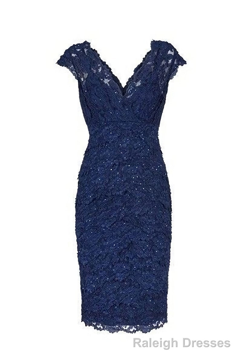 Sexy V Neck Navy Blue Lace Short Mother Of The Bride Dress, Homecoming Dress Main image