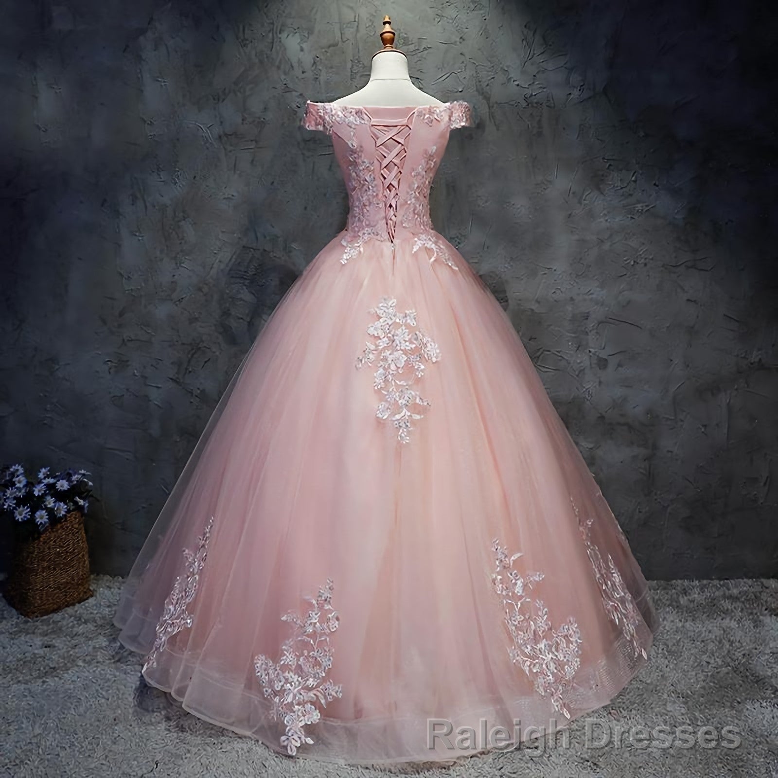 Pink Cap Sleeves Ball Gown Tulle With Lace Sweet 16 Prom Dresses, Long Quinceanera Dresses Main image