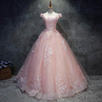 Pink Cap Sleeves Ball Gown Tulle With Lace Sweet 16 Prom Dresses, Long Quinceanera Dresses