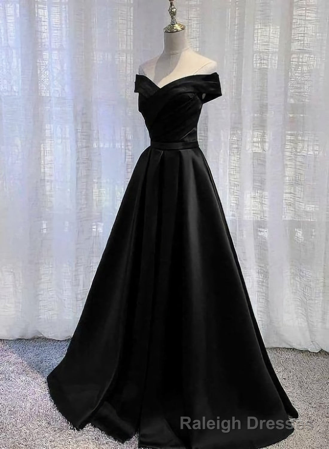 Pretty Off Shoulder Black Satin A Line Party Dress, Formal Dress, Long Black Prom Dress Main image