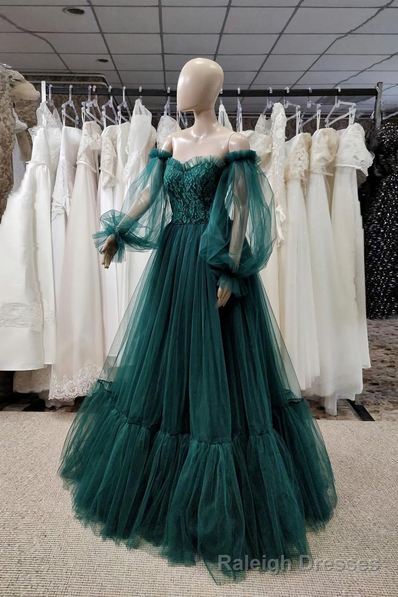 Pretty Green Lace Prom Dresses, Puff Long Sleeves Off The Shoulder Lace Appliques Tulle Ball Gown Main image