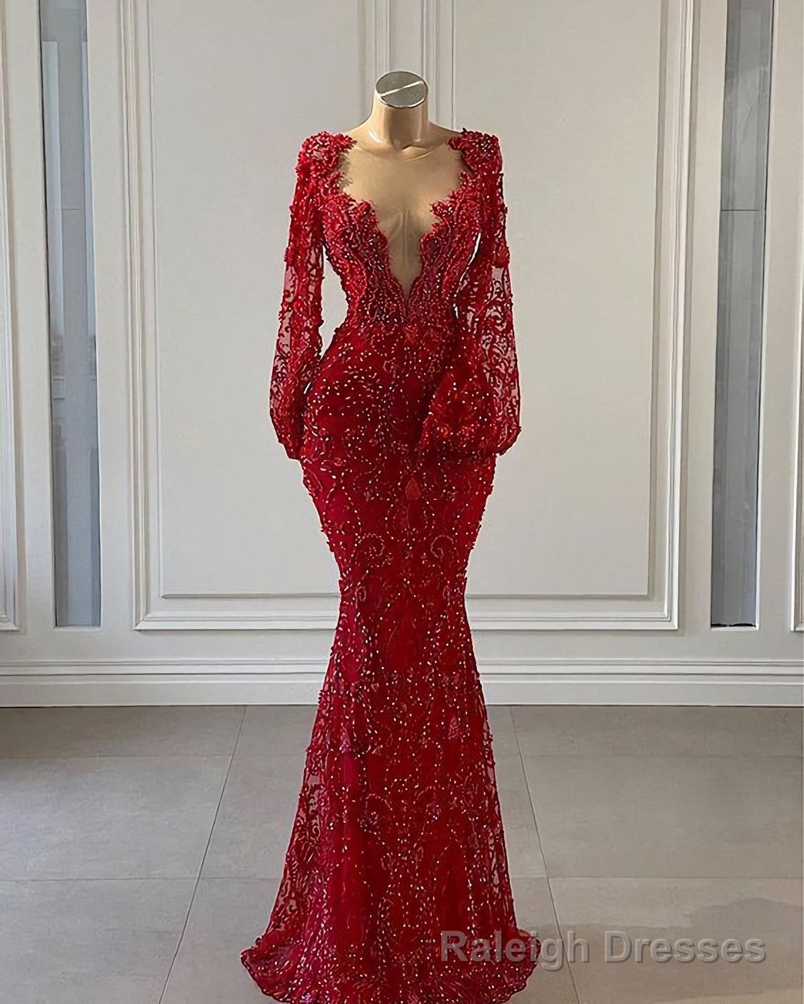 Red Prom Dress, Long Prom Dresses, Long Sleeve Lace Mermaid Evening Gowns Main image