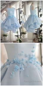Light Blue Satin Organza Short Prom Dress, Cute Homecoming Dress
