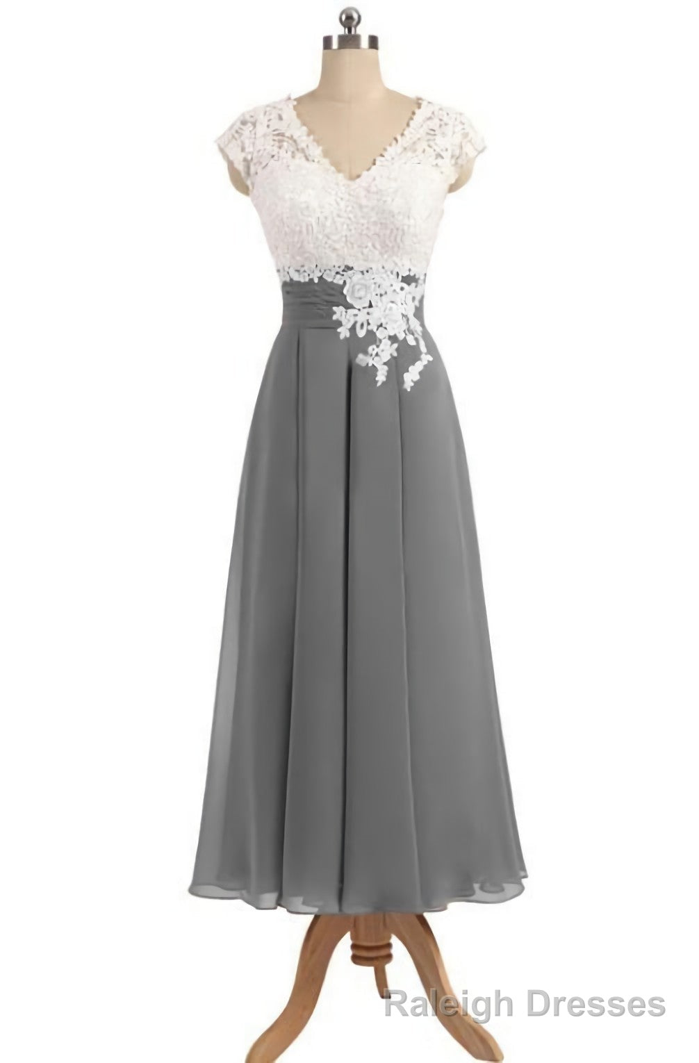 Ankle Length V Neck Cap Sleeves Silver Gray Mother Of The Bride Dresses, Prom Dress, With Appliques Main image