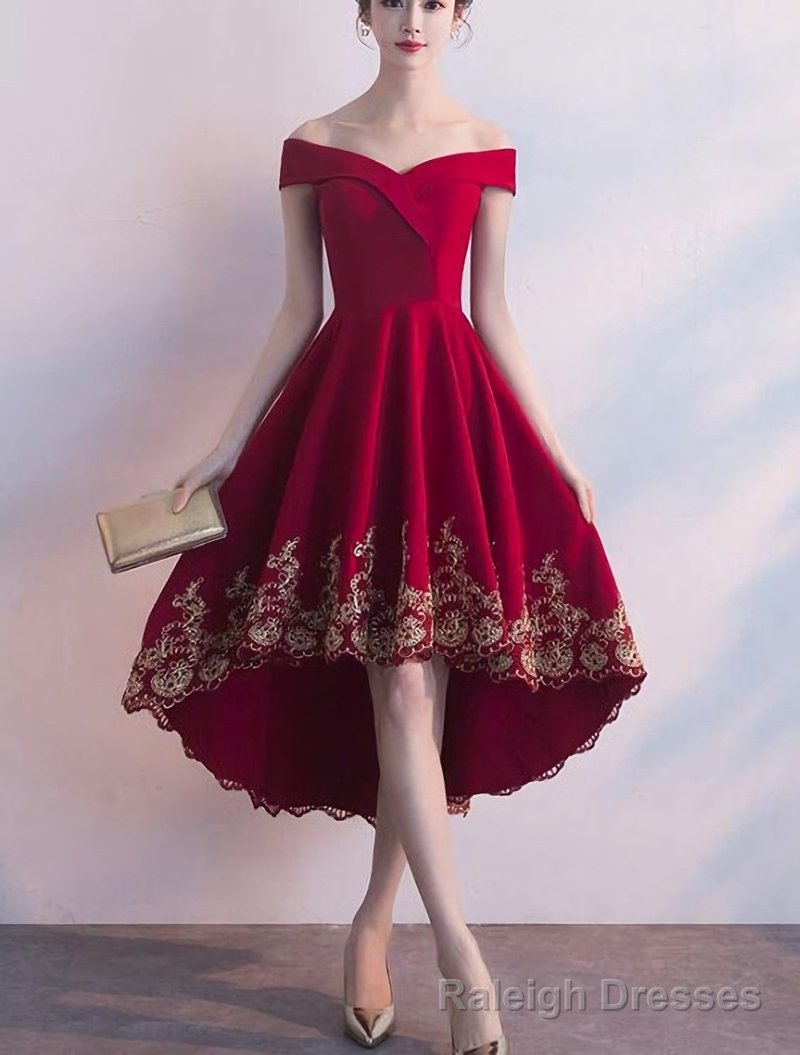 Beautiful Red High Low Party Dress, With Gold Applique Stylish Formal Dress, Cute Party Dress, Homecoming Dress Main image