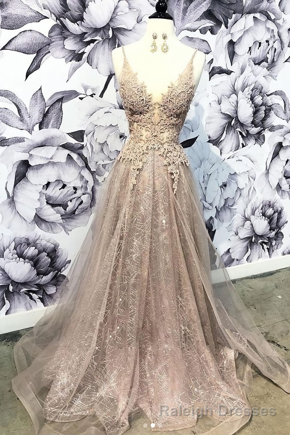 Champagne V Neck Tulle Lace Long Prom Dress, Champagne Tulle Prom Dress Secondary image