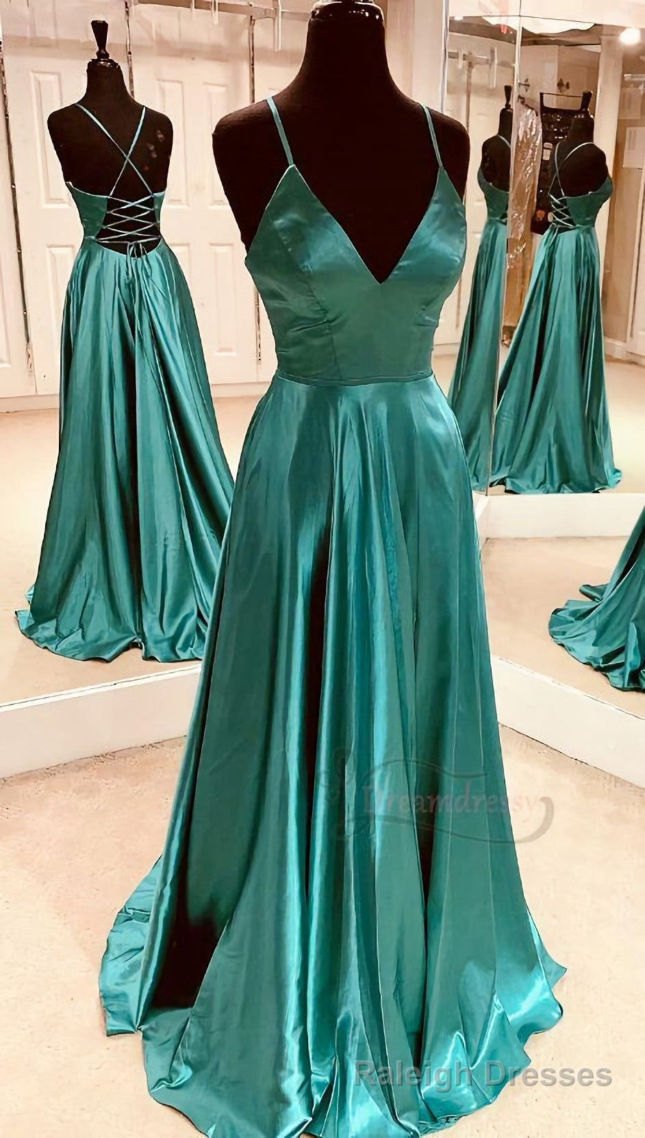 Simple A Line V Neck Teal Long Prom Dress, With Lace Up Back Main image