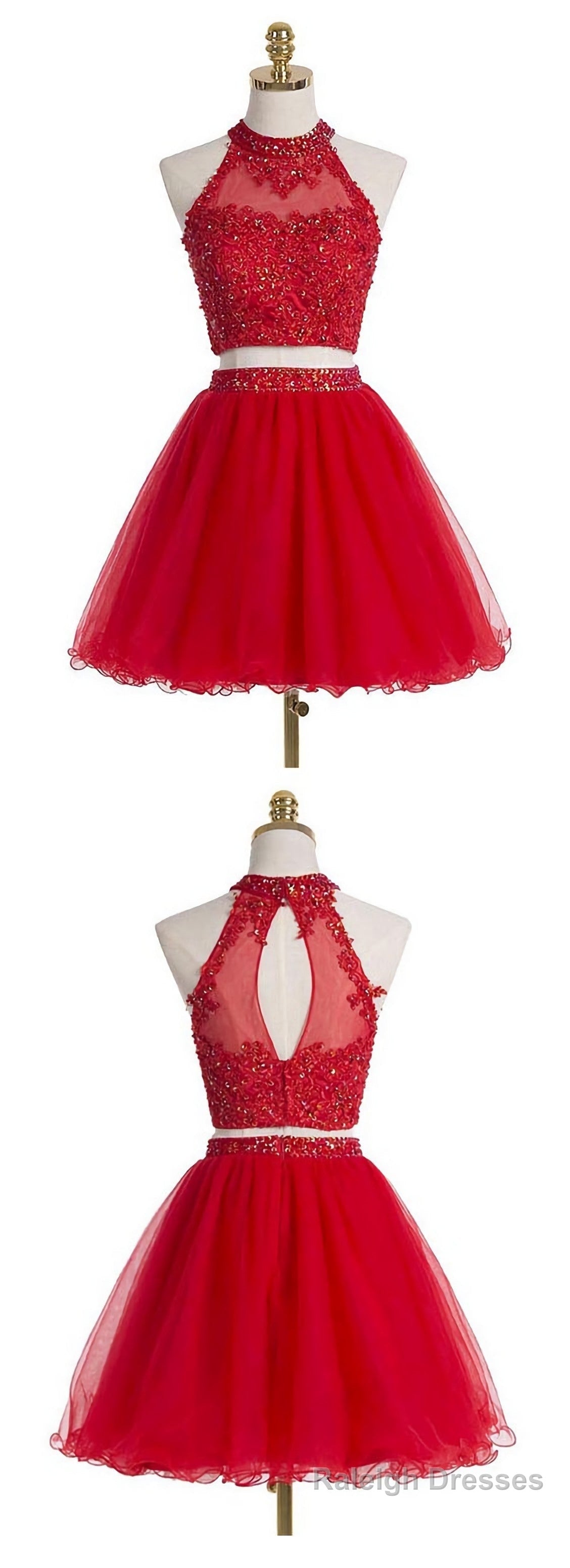 Two Piece Scoop Short Red Organza Beaded Homecoming Dress, With Appliques Sequins Main image