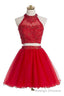 Two Piece Scoop Short Red Organza Beaded Homecoming Dress, With Appliques Sequins