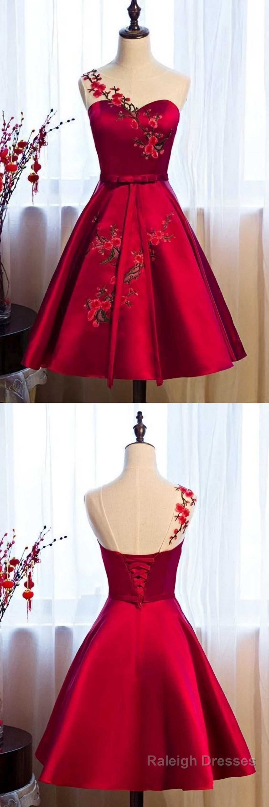 Burgundy Satin Homecoming Dresses, With Applique Main image