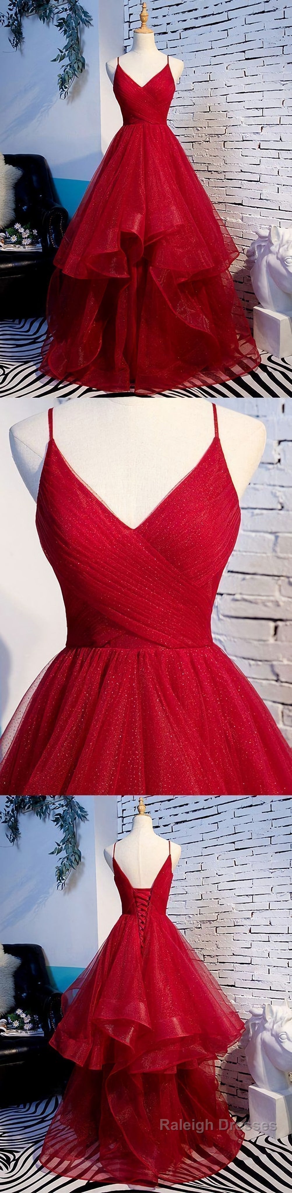 Elegant Tulle Red Straps Prom Dress, A Line Prom Dresses, Long Evening Dress, Burgundy Prom Dress Main image