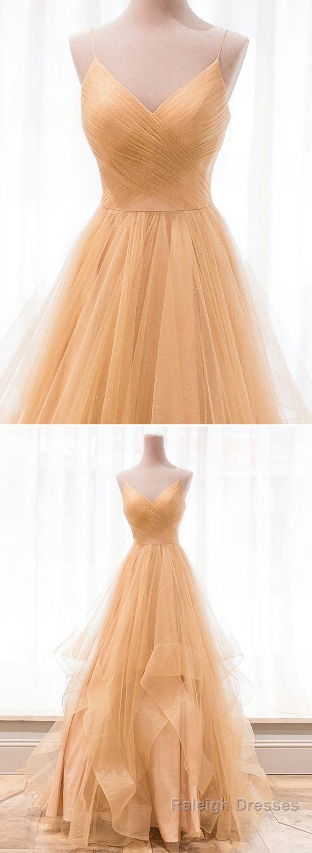 Custom Made Gold V Neck Tulle Long Prom Dress, Evening Dress Main image