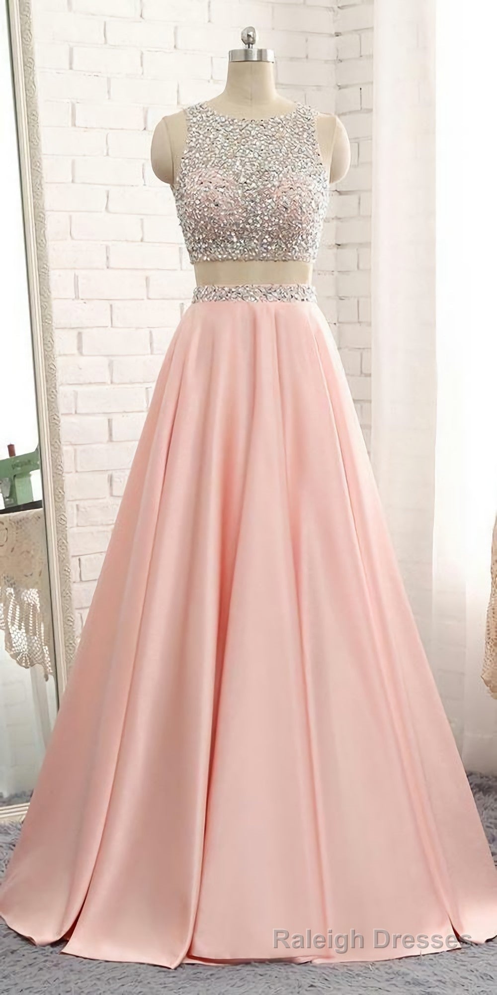 2 Pieces Beaded 2026 Sequins Open Back Prom Dresses, Long Two Pieces School Dance Dress Main image