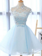 Chic Light Sky Blue Homecoming Dress, Tulle High Neck Homecoming Dress, Prom Dress