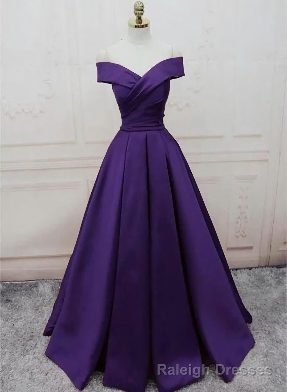 Dark Purple Off Shoulder Satin Long Formal Gown Prom Dresses Main image