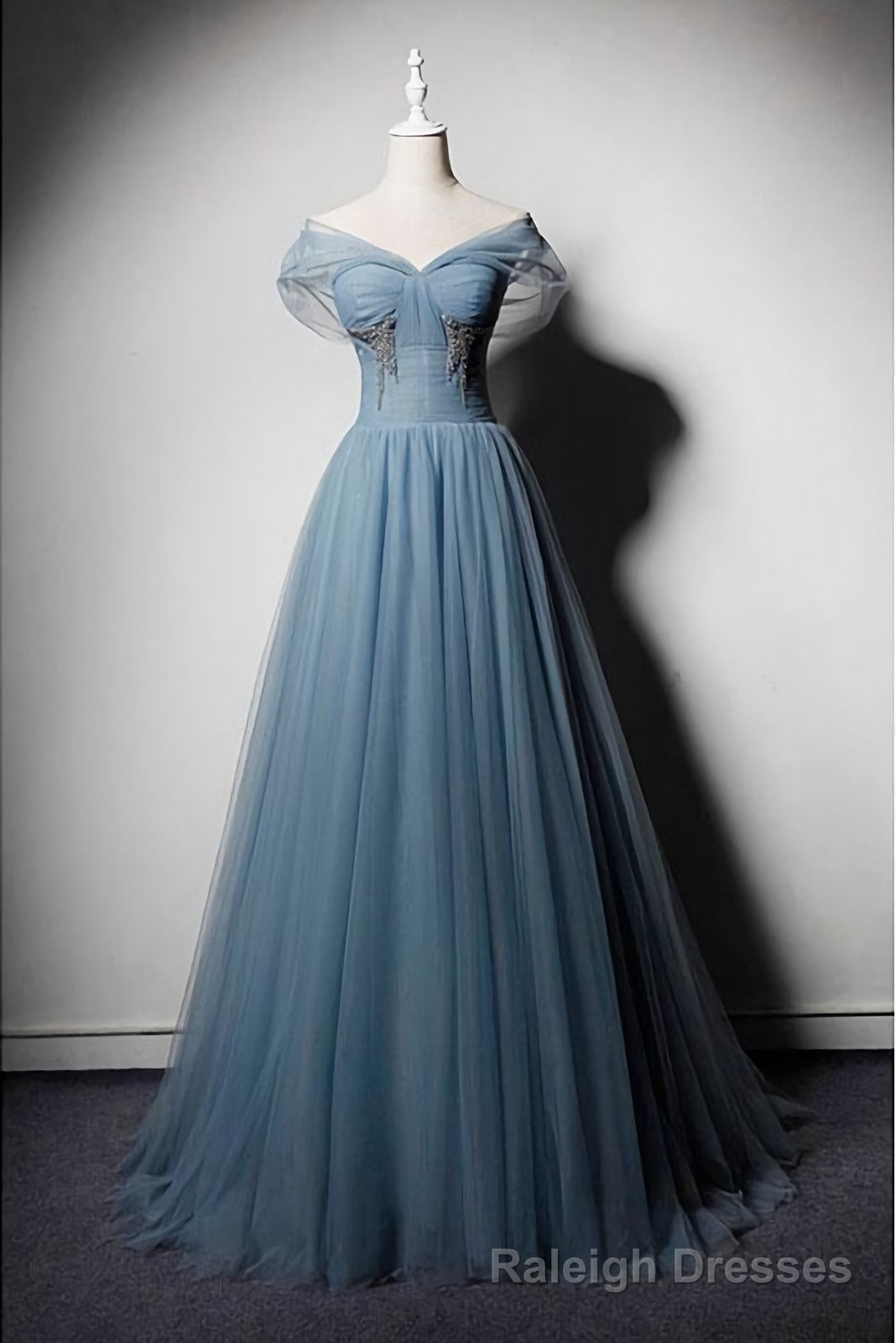 Blue Tulle V Neck Off Shoulder Long Senior Prom Dress, Evening Dress Main image
