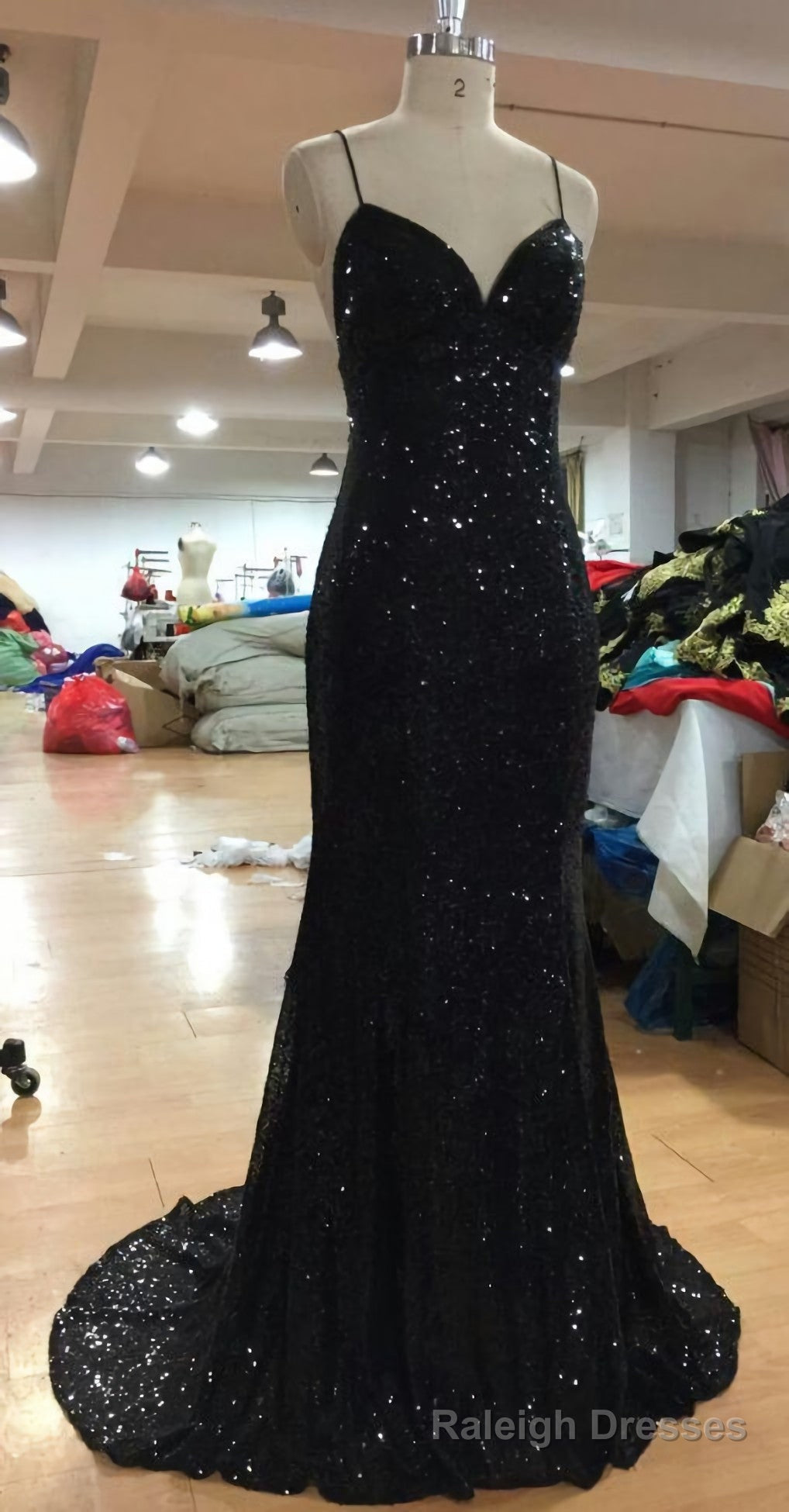 V Neckline Criss Cross Backless Bling Bling Mermaid Prom Dress, Black Sequins Evening Dresses Main image
