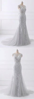 Spring Gray Tulle Long Mermaid Prom Dress, Beaded Lace Evening Gown
