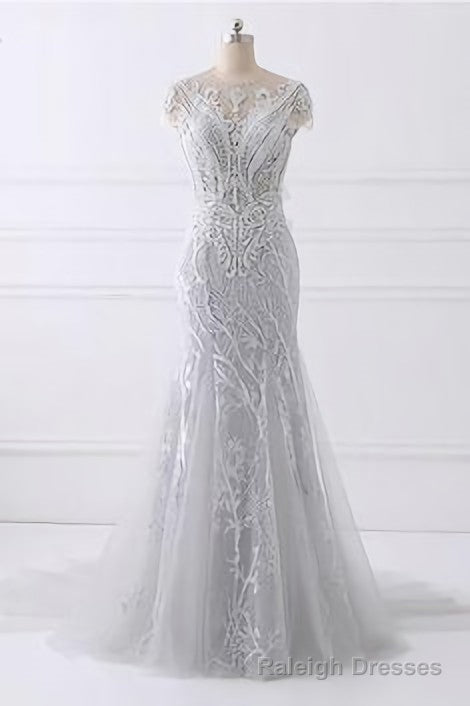 Spring Gray Tulle Long Mermaid Prom Dress, Beaded Lace Prom Gowns Secondary image