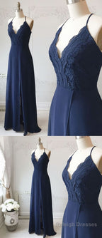 Spaghetti Straps Floor Length Navy Blue Lace Prom Dresses, Navy Blue Lace Formal Prom Bridesmaid Dresses