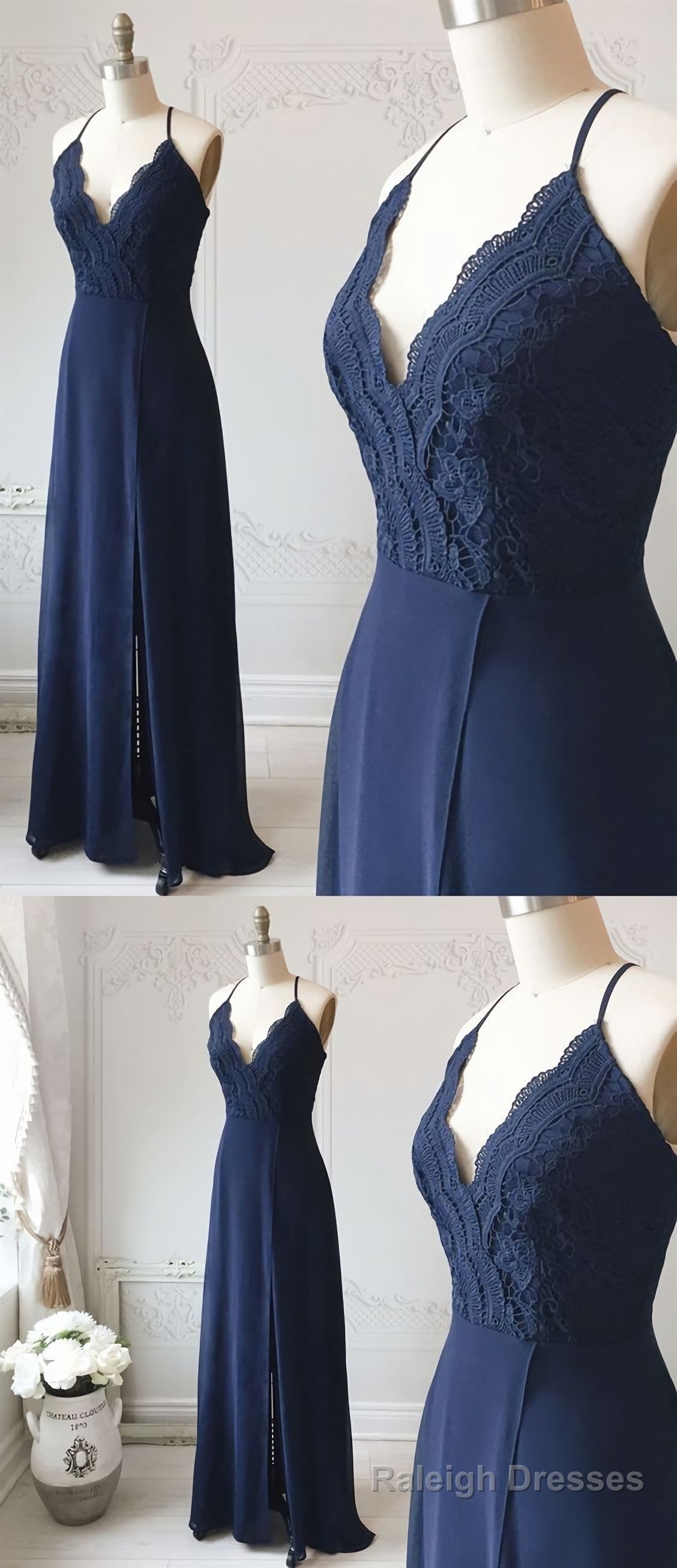 Spaghetti Straps Floor Length Navy Blue Lace Prom Dresses, Navy Blue Lace Formal Prom Bridesmaid Dresses
