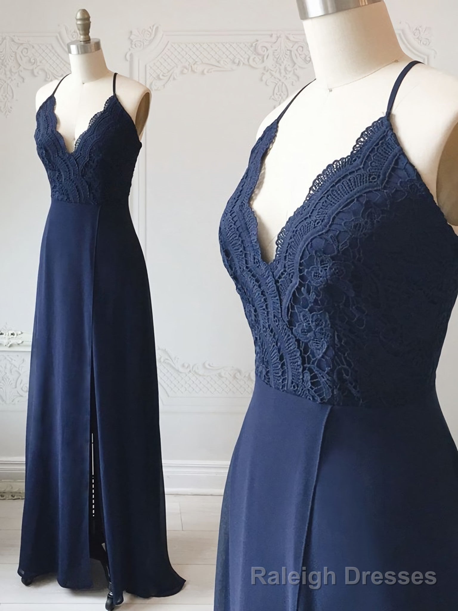 Spaghetti Straps Floor Length Navy Blue Lace Prom Dresses, Navy Blue Lace Formal Prom Bridesmaid Dresses Secondary image